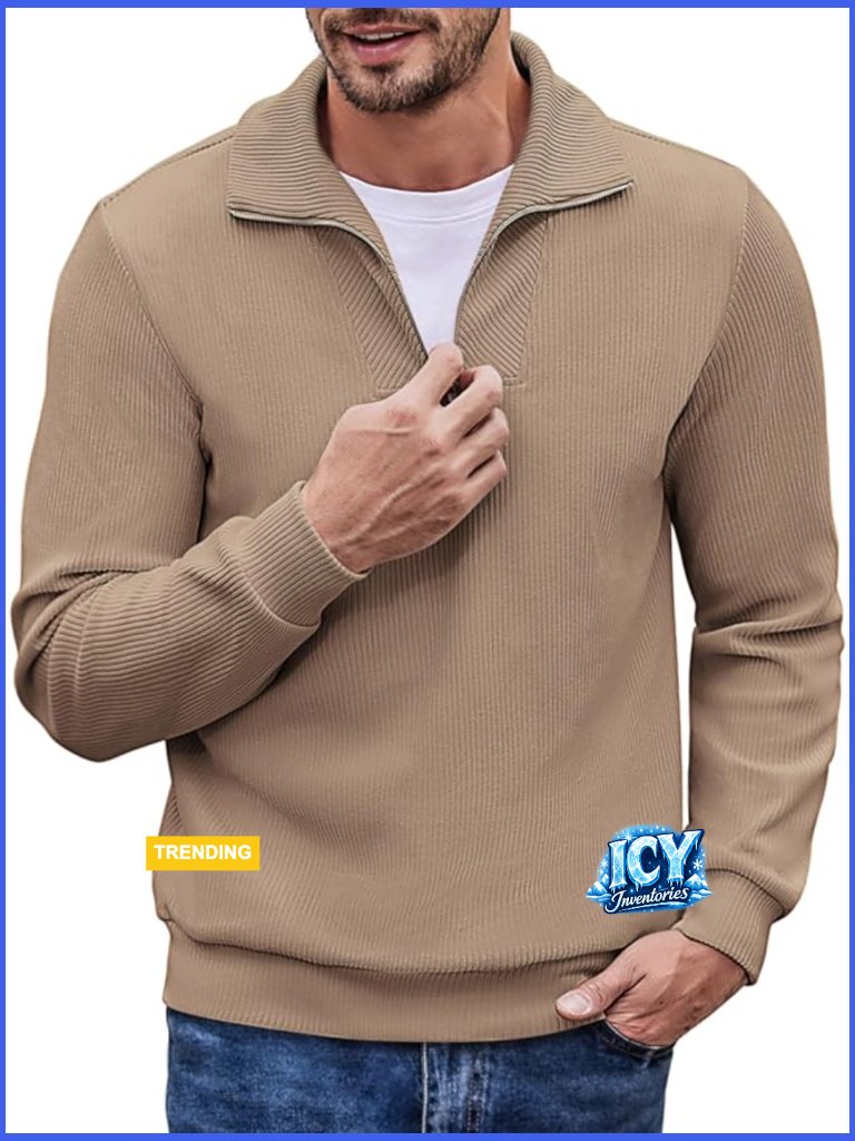 Quarter Zip Pullover Mock Neck Corduroy Sweater Long Sleeve